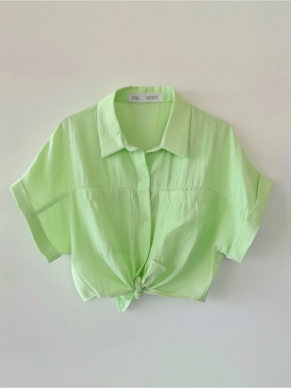 Zara Girls Lime Green Knotted Button Front Shirt Blouse Size 7 Short Sleeve Top